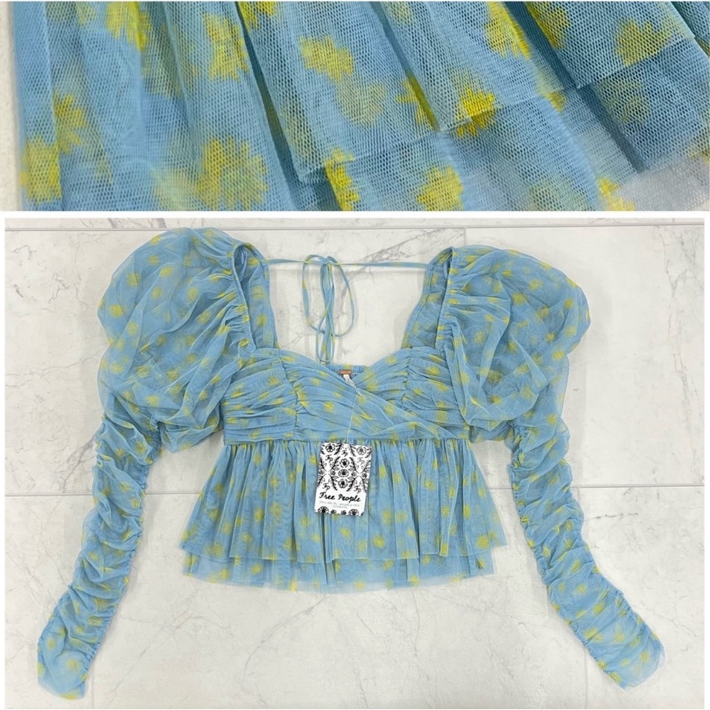 Free People Sky Blue Mesh Puff-Sleeve Crop Top with Yellow Floral Dot
